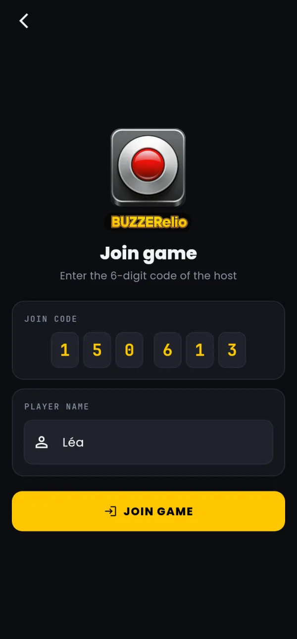 Joining: the 6-digit code typed and the player's name
