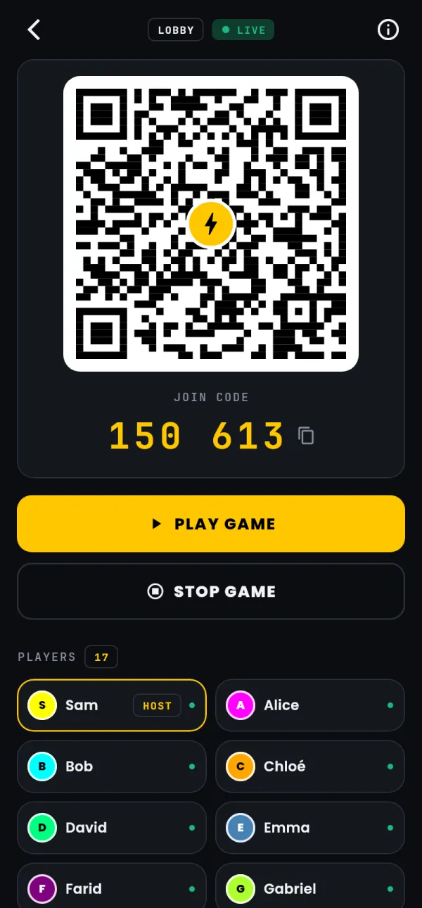 The lobby: a QR code, the 6-digit join code and the players who joined