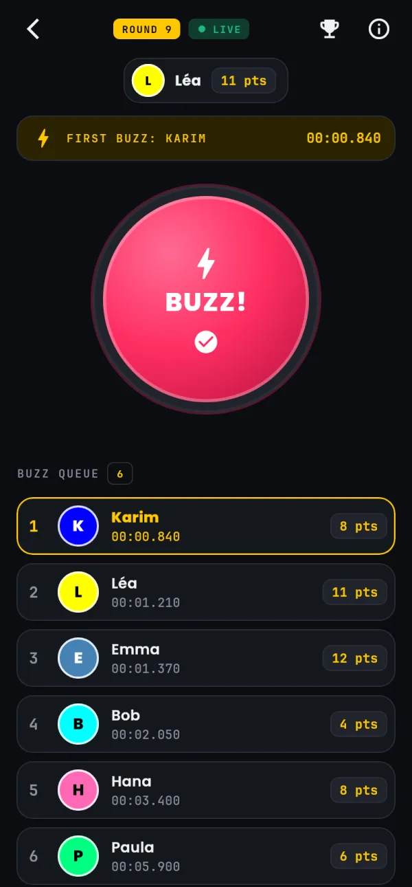 A player's phone: the BUZZ! button, pressed, and the queue