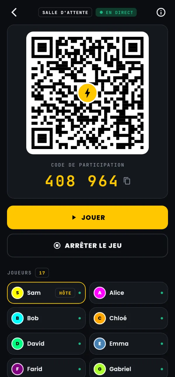La salle d'attente : un QR code, le code à 6 chiffres et les joueurs arrivés