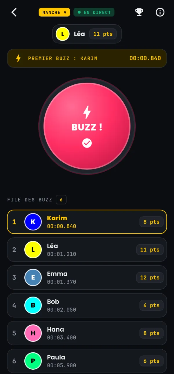 Le téléphone d'un joueur : le bouton BUZZ !, pressé, et la file
